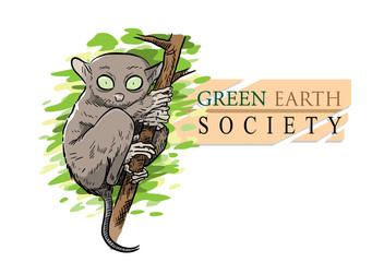 Tarsier Monkey Green Earth Society Logo, a vector illustration of a tarsier monkey hugging a branch of tree.