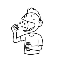 Taking Supplements, a hand drawn vector doodle illustration of a man taking vitamins.