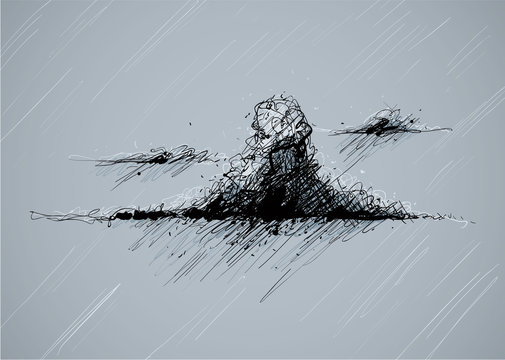 Illustration of a dark, wet and violent storm cloud dropping rain.