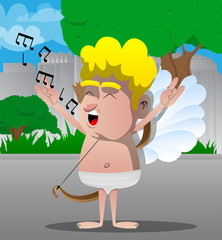 Obraz na płótnie Canvas Cupid singing with hands in rocker pose. Vector cartoon character illustration.