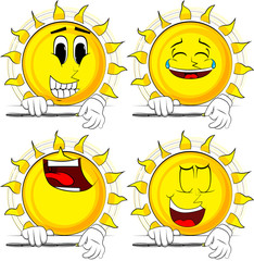 Cartoon sun zipping a banner. Collection with happy faces. Expressions vector set.