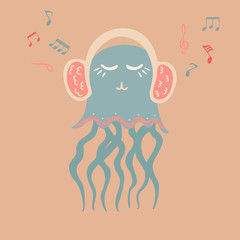 Lovely illustration with a jellyfish music lover. It is intended for cards, calendars, prints on clothes and notebooks.