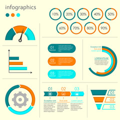 Infographics set with charts, graphs, step by step arrows, circle chart, cycle diagram with percentage, speedometer. Vector illustration.