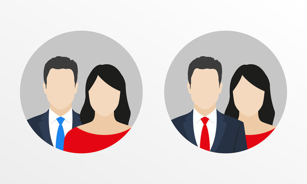 Male with female flat icons. Man in business suit with necktie and woman user avatar. Vector illustration.