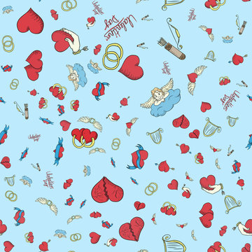 seamless pattern Valentines Day holiday heart blue background