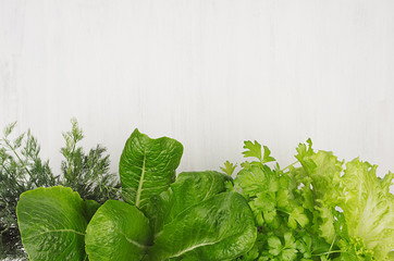 Different green twigs for spring salad on white wooden background, top view, decorative frame.