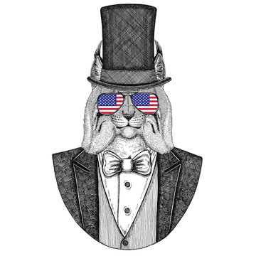 Lynx, Bobcat, Trot, Wild cat. Animal wearing jacket with bow-tie and silk hat, beaver hat, cylinder top hat. Elegant vintage animal. Image for tattoo, t-shirt, emblem, badge, logo, patch