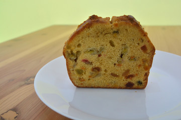 Fruit cake with dried fruit and almonds.