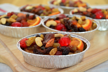 Fruit cake with dried fruit and almonds.