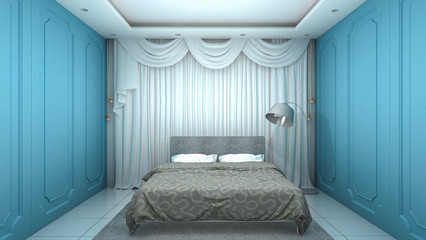 Bed Room Interior blue wall modern and luxury style. 3d Render