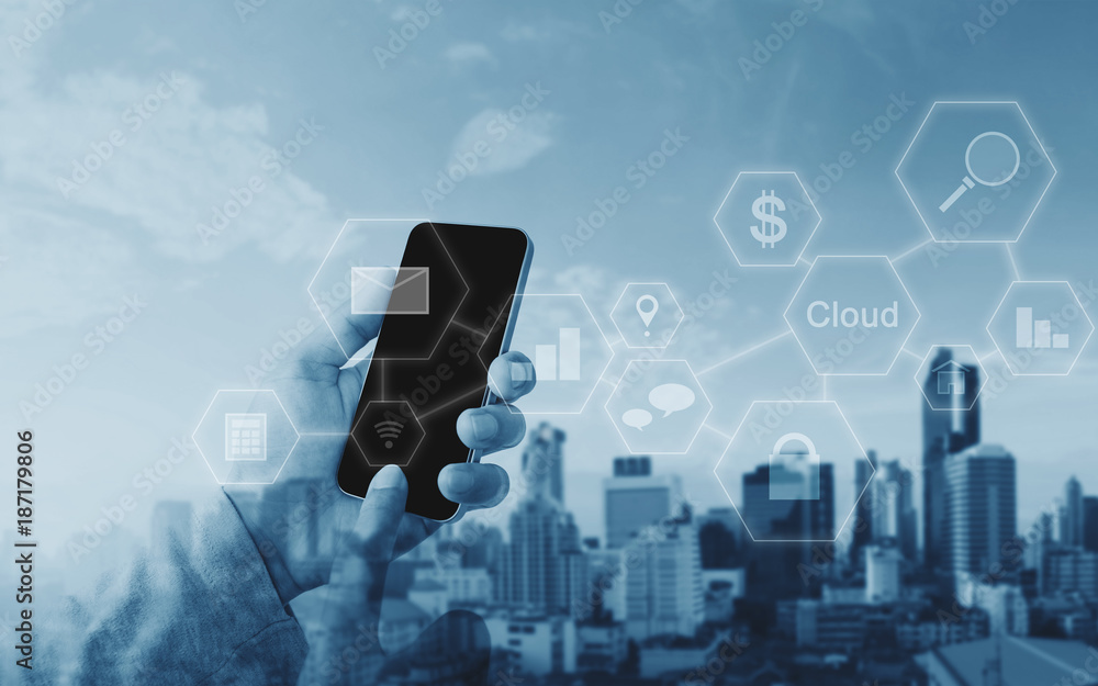 Poster businessman using mobile smart phone, network connection application technology
