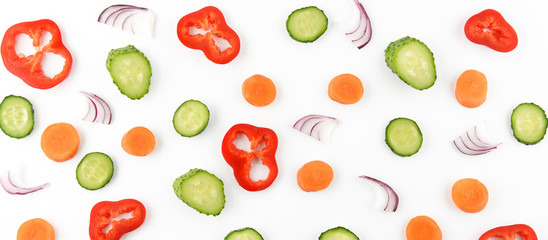 Abstract composition of vegetables. Vegetable pattern. Food background.Flat lay. Wide photo.