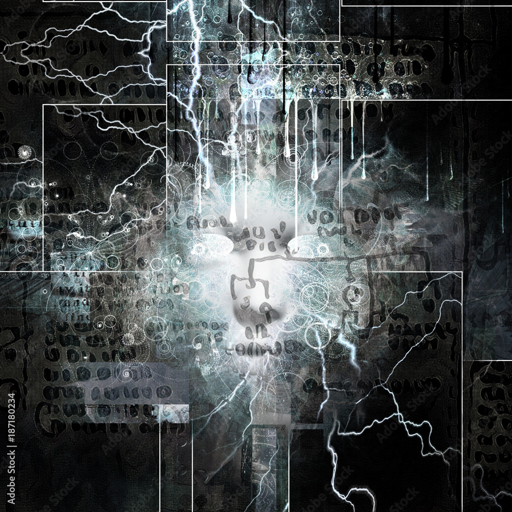 Poster abstract composition. glowing mystic woman's face with lightnings and ancient scripts on the backgro
