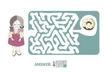 Children's maze with girl and donut. Cute puzzle game for kids, vector labyrinth illustration.