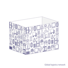 Global logistics network concept. Opened parcel box made of logistic icons.  Set of thin line logistics icons in blue. Vector illustration EPS10. 