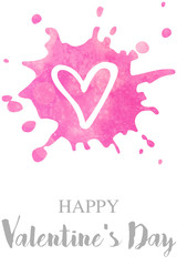 happy valentine's day greetings with handdrawn heart in pink splash
