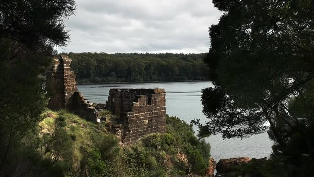 ruins of the notorious sarah island penal settlement in macquarie harbour, tasmania