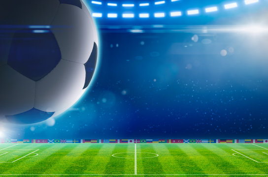 Big soccer ball above green stadium with bright spotlights