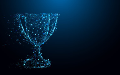 Abstract Trophy cup form lines and triangles, point connecting network on blue background. Illustration vector