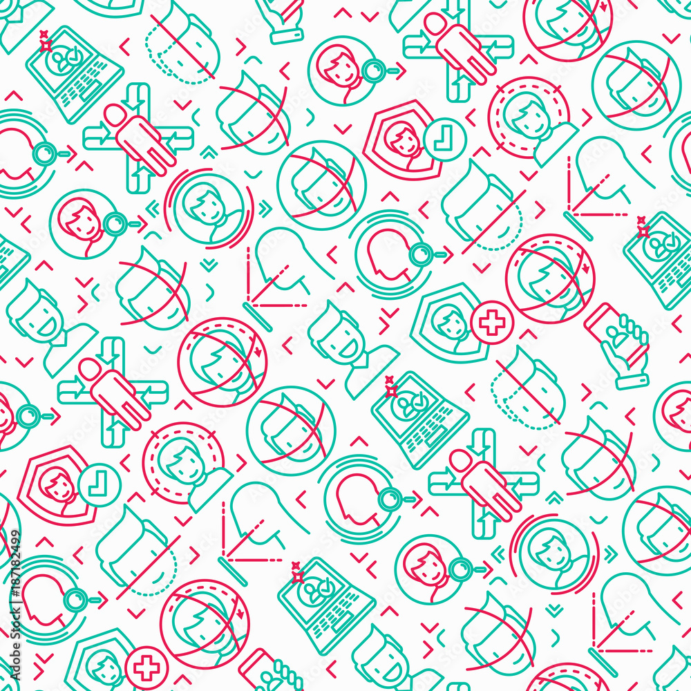 Poster face id seamless pattern with thin line icons: face recognition, scanning, mobile authentication, ap