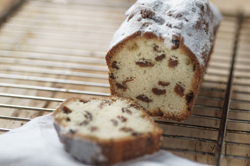 Homemade vanilla cake with raisins. Selective focus