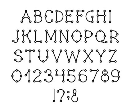 English alphabet, font, Layout, black, vector. Capital letters and digits of the English alphabet. Vector font. Scheme. Connection. Black letters on a white background.  