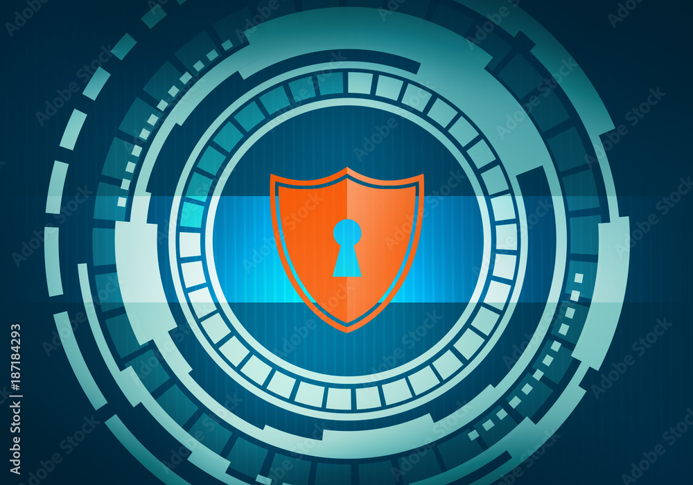 Poster abstract digital illustration of touch screen circle interface with security and safety shield icon 