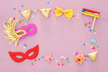 Purim celebration concept (jewish carnival holiday). Top view.