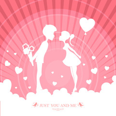 design of pink color with a silhouette of a guy with flowers and a girl with a balloon