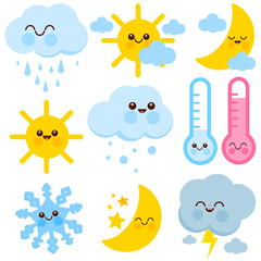 Cute weather characters. Vector illustration set 