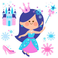 Beautiful snow princess and castle. Vector illustration collection.