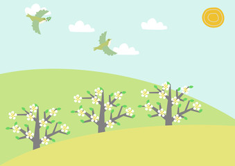 小鳥と春の風景のイラスト。春の景色。自然のイラスト。