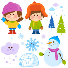 Children and snowman in winter. Vector illustration set 