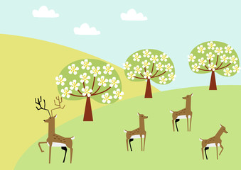 鹿の群れと春の景色。自然のイラスト。春の素材。