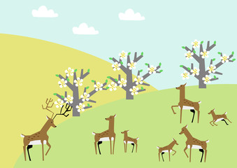 鹿の群れと春の景色。自然のイラスト。春の素材。