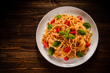 Pasta with meat, tomato sauce and vegetables