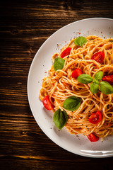 Pasta with meat, tomato sauce and vegetables