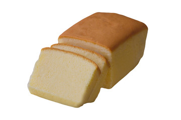 Slices butter cake or pound cake to pieces on white isolated background with clipping paths. Delicious soft and moist for coffee break or afternoon tea. Classic cake for homemade bakery concept.