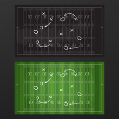 Football or soccer game strategy plan isolated on blackboard with chalk rubbed background. Football or soccer strategy board