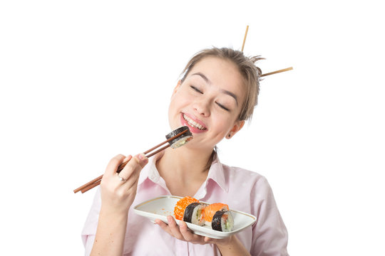 woman with sushi
