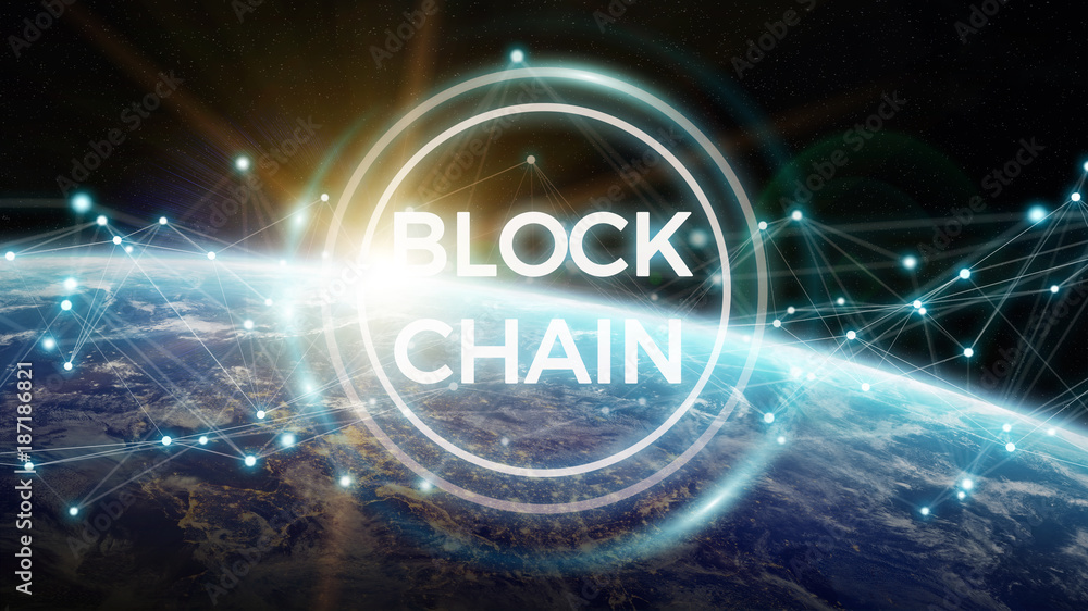 Poster blockchain on planet earth 3d rendering