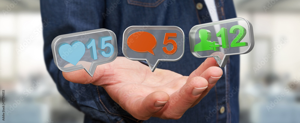 Poster businessman using digital colorful social media icons 3d rendering