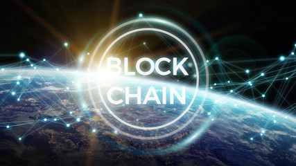 Blockchain on planet Earth 3D rendering