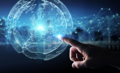 Businessman using planet earth network sphere 3D rendering