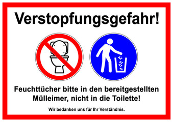 ks279 Kombi-Schild - Verstopfungsgefahr: Feuchttücher bitte in den bereitgestellten Mülleimer, nicht in die Toilette! - english: do not litter - please use a trash can - open toilet - DIN A4 A5 g5794