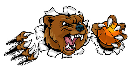 Fototapeta premium Bear Holding Basketball Ball Breaking Background