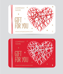 Gift card with heart for Valentine's day. Gift certificate for a birthday. Heart on a red background. Vector Design template for coupon and certificate for a spa, beauty salon, shops and restaurants