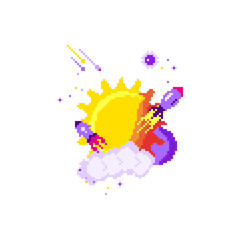 Pixel art on space theme on white background. Vector illustration