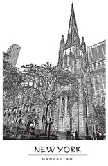 New York city, USA. Trinity Church in Manhattan. Vector illustration in engraving style. Black drawing isolated on white background.