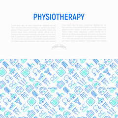 Physiotherapy concept with thin line icons: rehabilitation, physiotherapist, acupuncture, massage, gymnastics, go-carts, vertebrae; x-ray, trauma, crutches. Vector illustration, web page template.